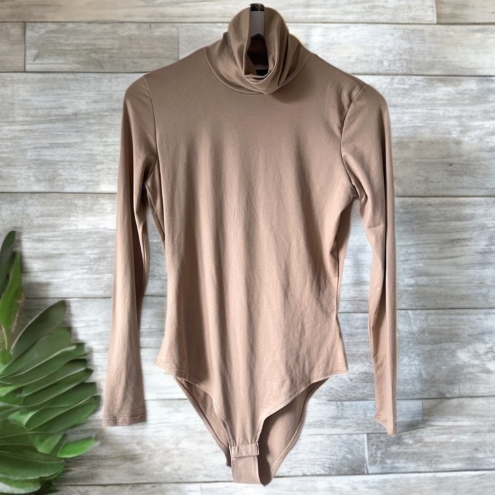 Pink Lily Beige Turtle Neck Bodysuit Long Sleeve